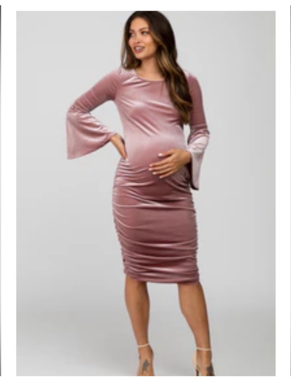 Pink Velvet Ruched Bell Sleeve Maternity Dress